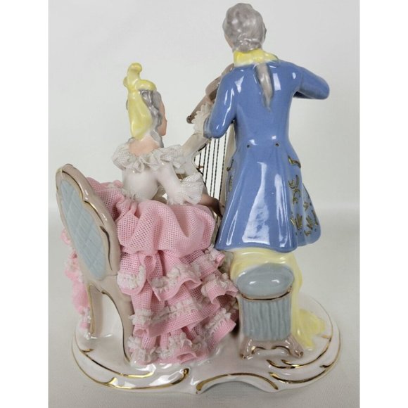 Vintage Dresden Potschappel Porcelain Figurine Lady Man Playing Harp Violin Lace - Picture 7 of 10